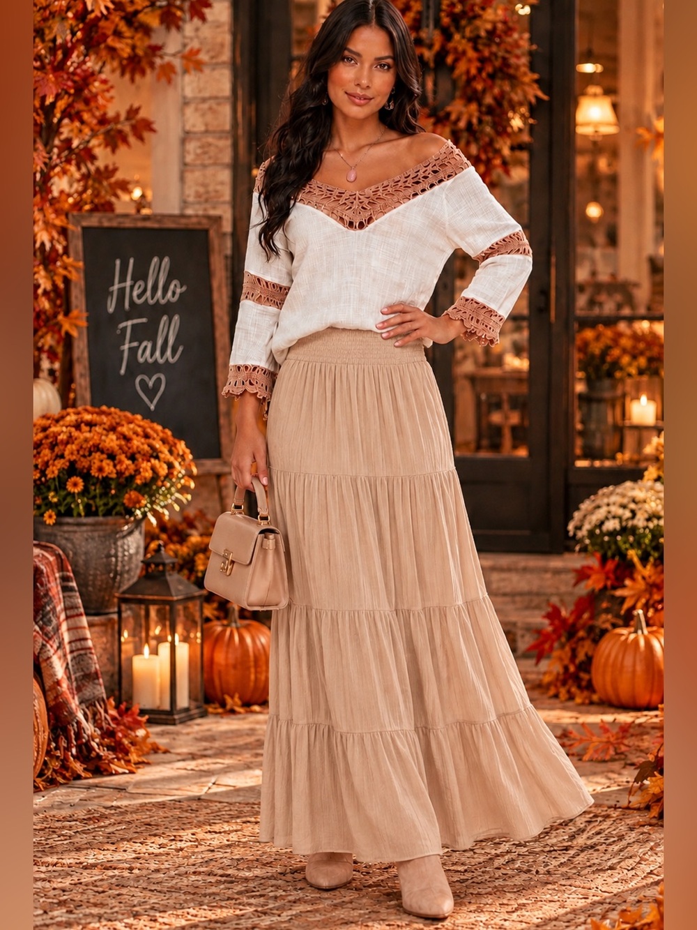 🛍️ SOFT SURROUNDINGS Tan off white Off Shoulder Crochet Trim Boho Tunic Top SM